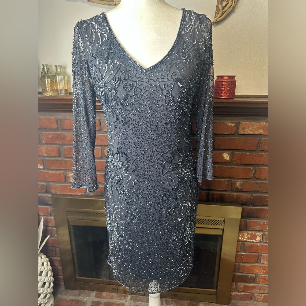 Pisarro Nights Slate Gray Beaded Dress